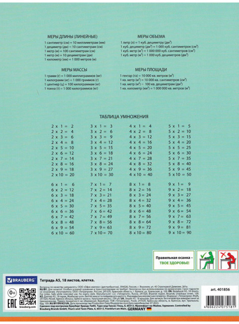 Тетрадь ПОЛОСКИ ОДНОТОННЫЕ обложка картон, 18 л. клетка, BRAUBERG